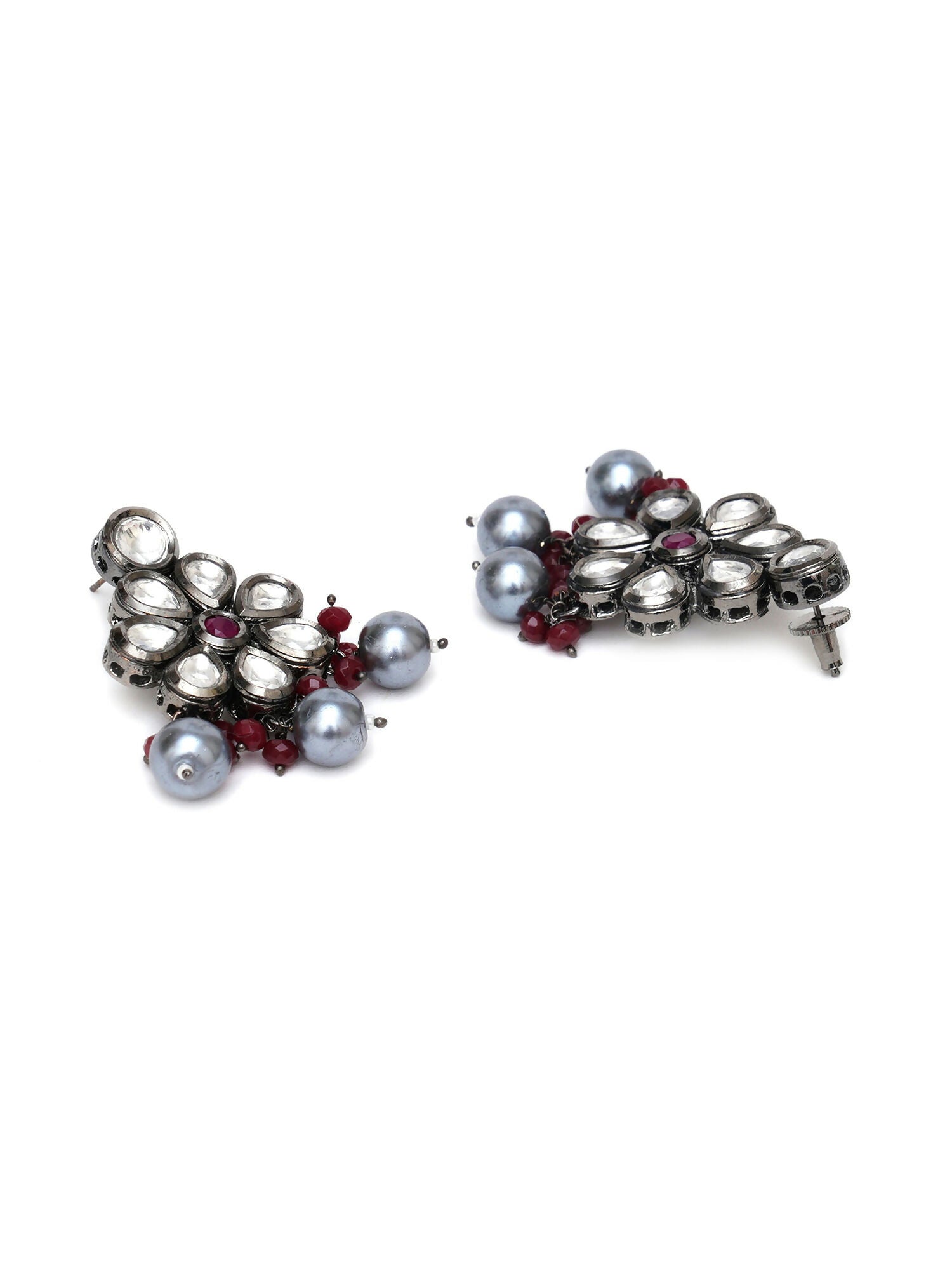 Long Kundan Neckpiece with Earrings with Multi Stones Jewellery Set (Grey) - Ruby Raang - Swadesiicart
