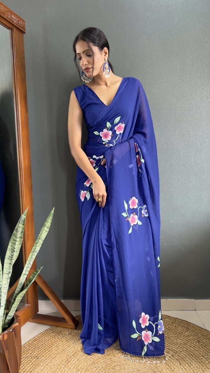 Aayaa Designer 1 min Hand Painted Ready to Wear saree - Navy Blue | Swadesiicart