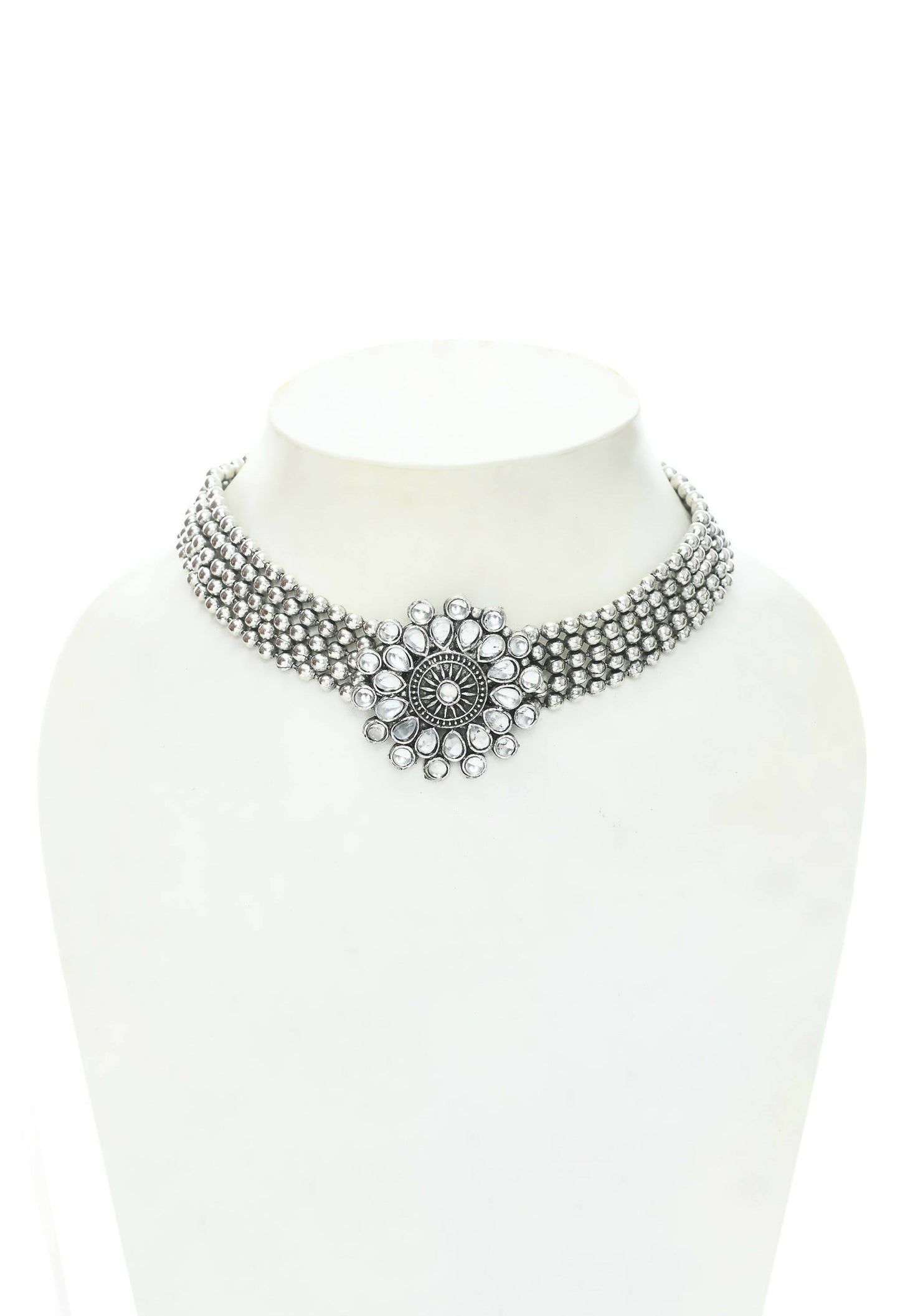 Mominos Fashion Johar Kamal Oxidised Silver-Plated Brass Finish Kundan Choker For Women (Silver) | Swadesiicart