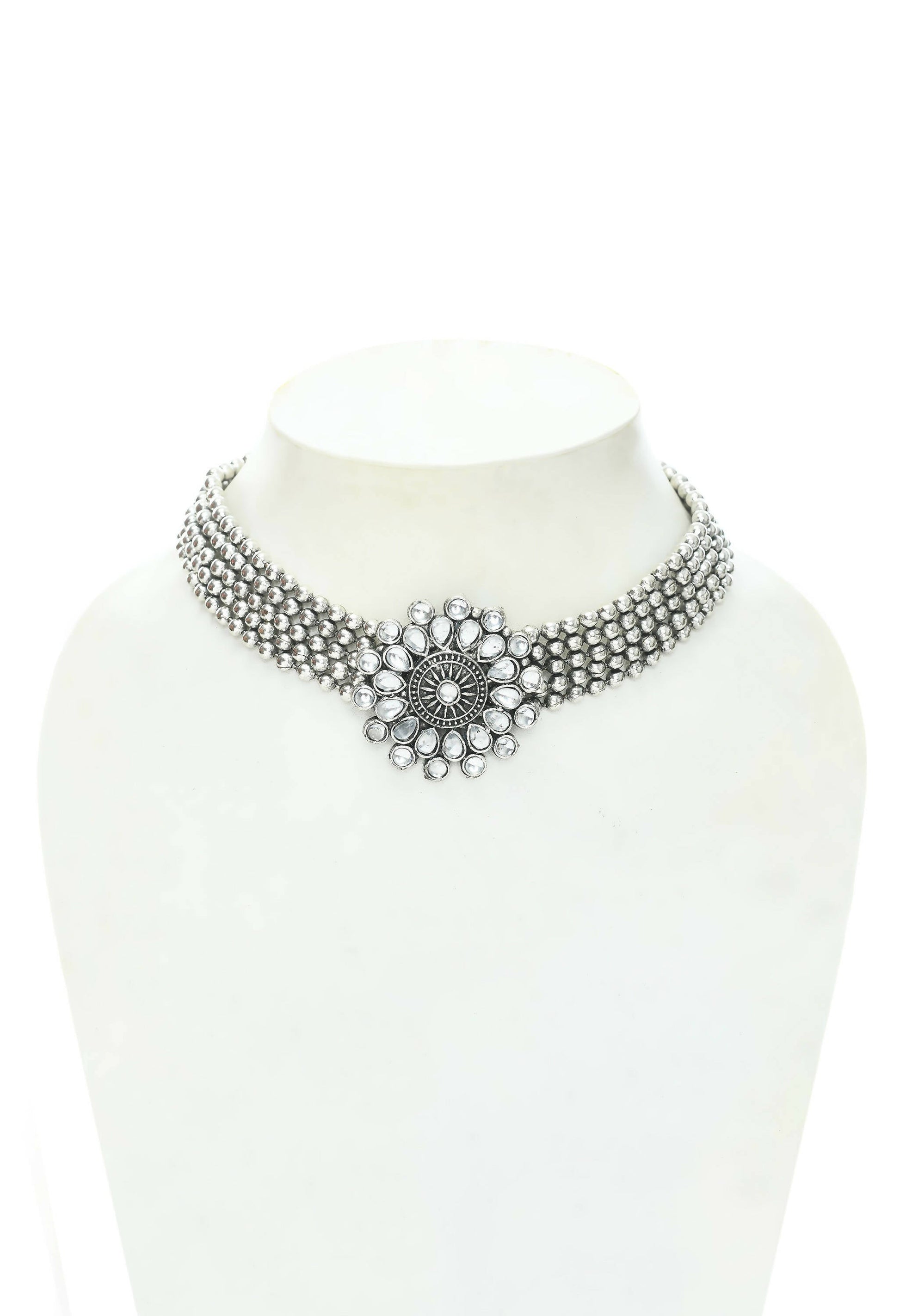 Mominos Fashion Johar Kamal Oxidised Silver-Plated Brass Finish Kundan Choker For Women (Silver) | Swadesiicart