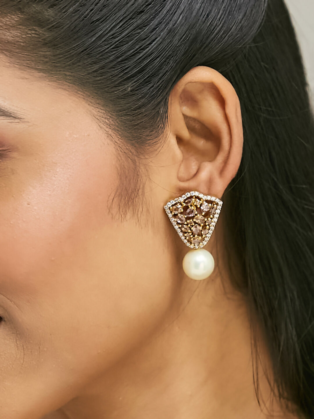 Nuyug 22K Gold-Plated Elegant Zircon Stone Studded & Pearls Drop Stud Earrings | Swadesiicart