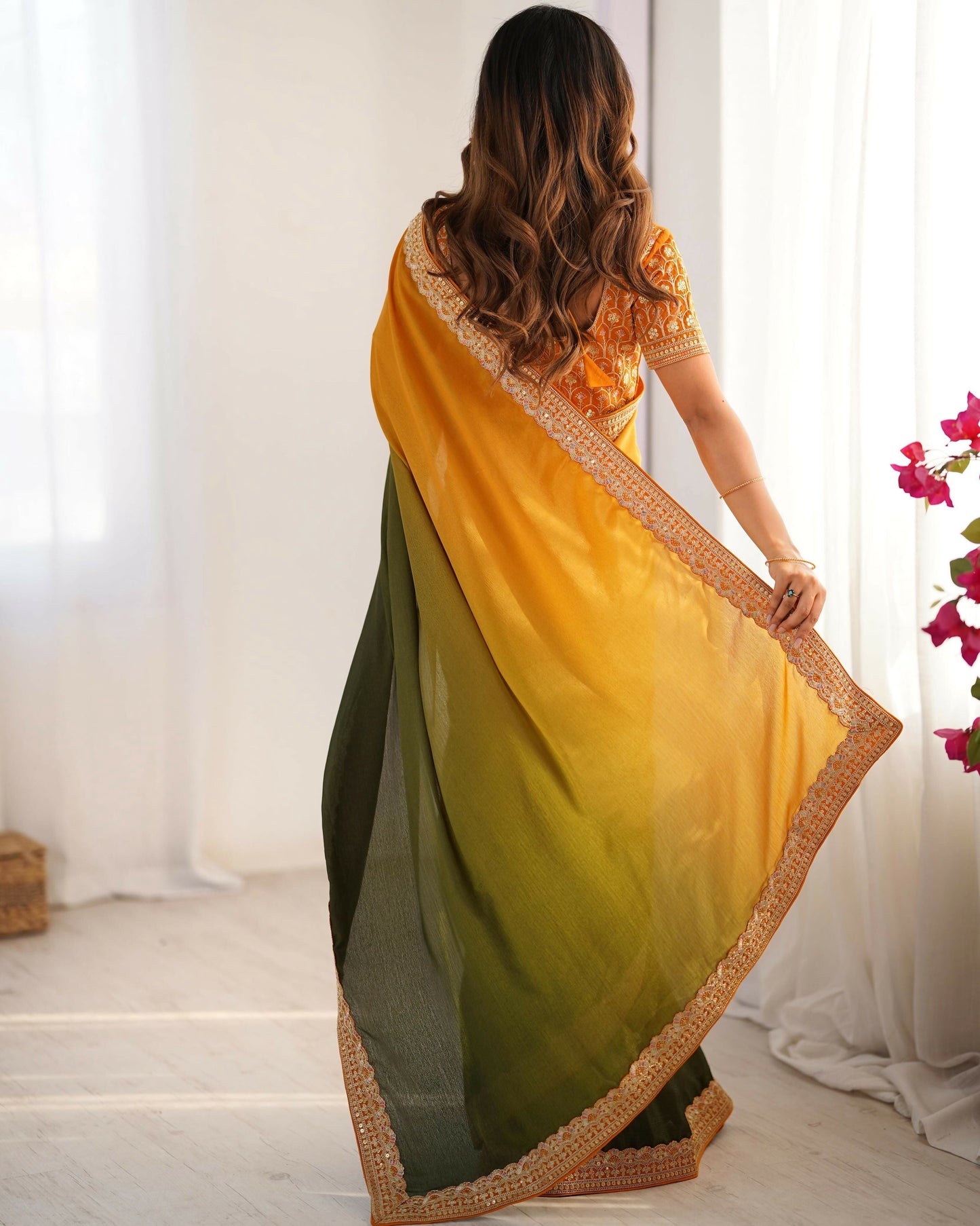 Exclusive Collection Yellow Green Party Wear Chinon Salk Saree - Swadesiicart