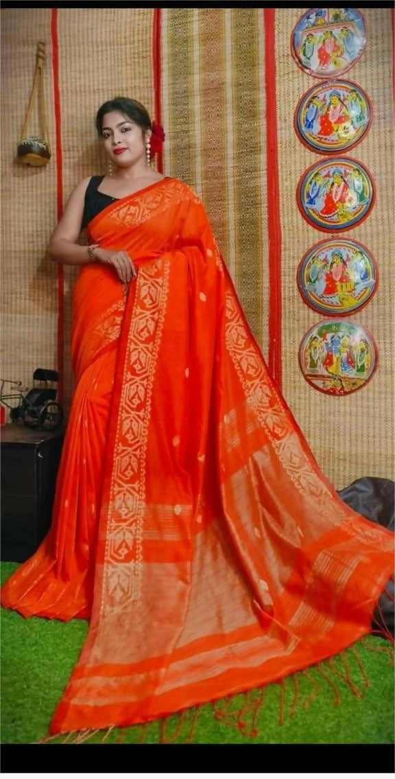 Exclusive Collection Beautiful Orange Pure Cotton Woven Handloom Saree With Running Blouse Piece - Swadesiicart