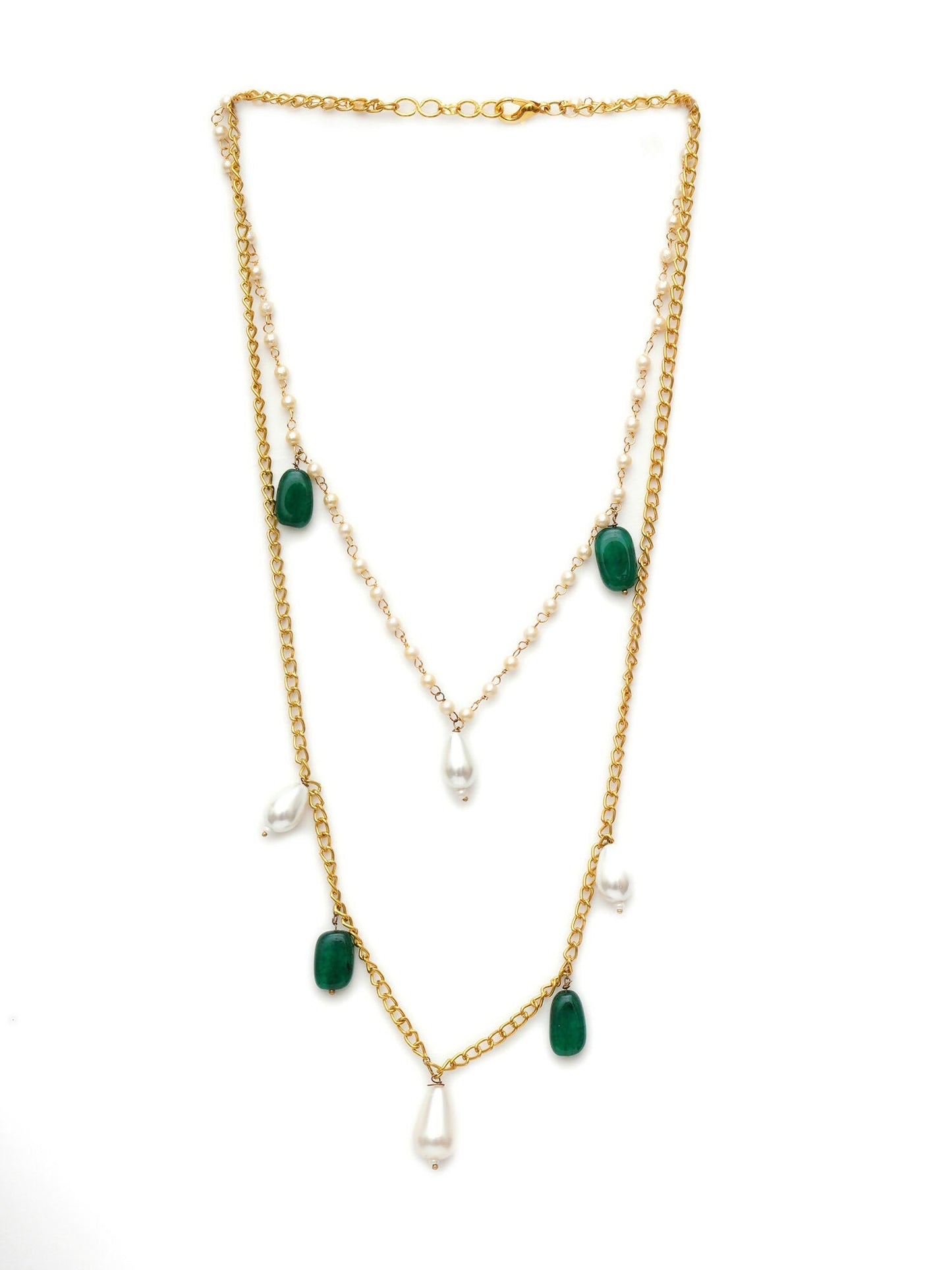 Layered Pearl and Gold Neckpiece with Emeralds (Gold) - Ruby Raang | Swadesiicart