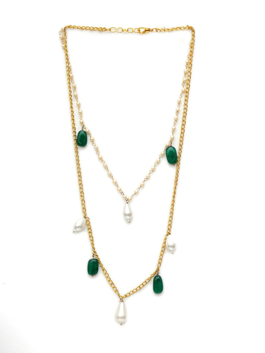 Layered Pearl and Gold Neckpiece with Emeralds (Gold) - Ruby Raang | Swadesiicart