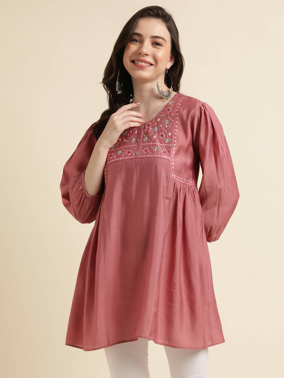 Pink Chinon Yoke Embroidered A-line Top - Tarini - Swadesiicart