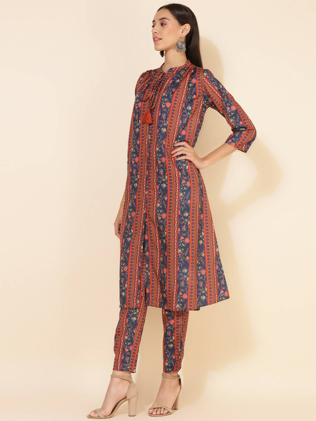 Janasya Women's Blue Crepe Digital Floral Printed Festive A-line Co-ords - Swadesiicart