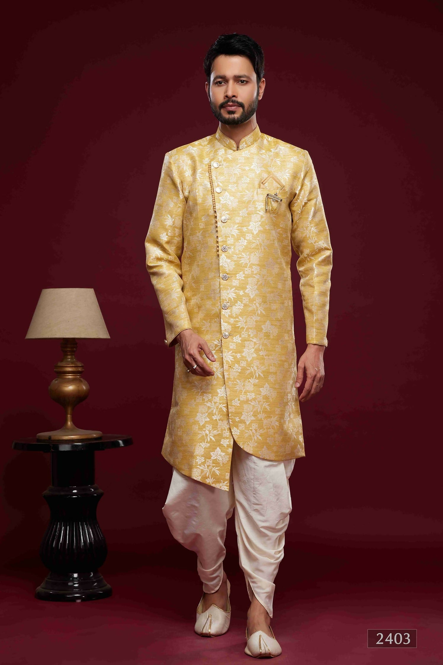 Raivat Ethnic Banarasi Jacquard Embroidery Semi Indo Western Sherwani In Cream Beige Colour | Swadesiicart