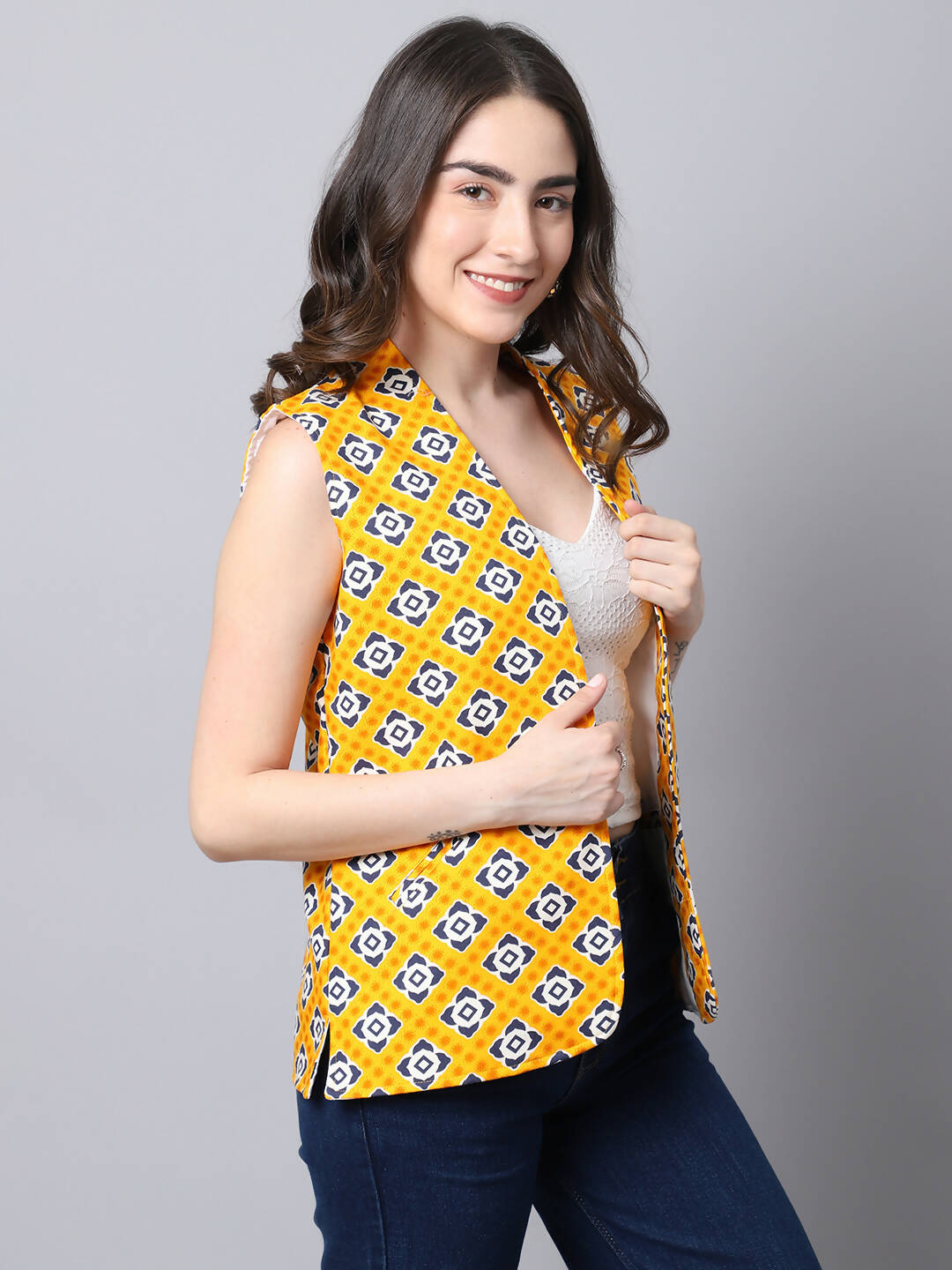 Even Apparels Yellow 100% Viscose Rayon Open Front Gillet | Swadesiicart