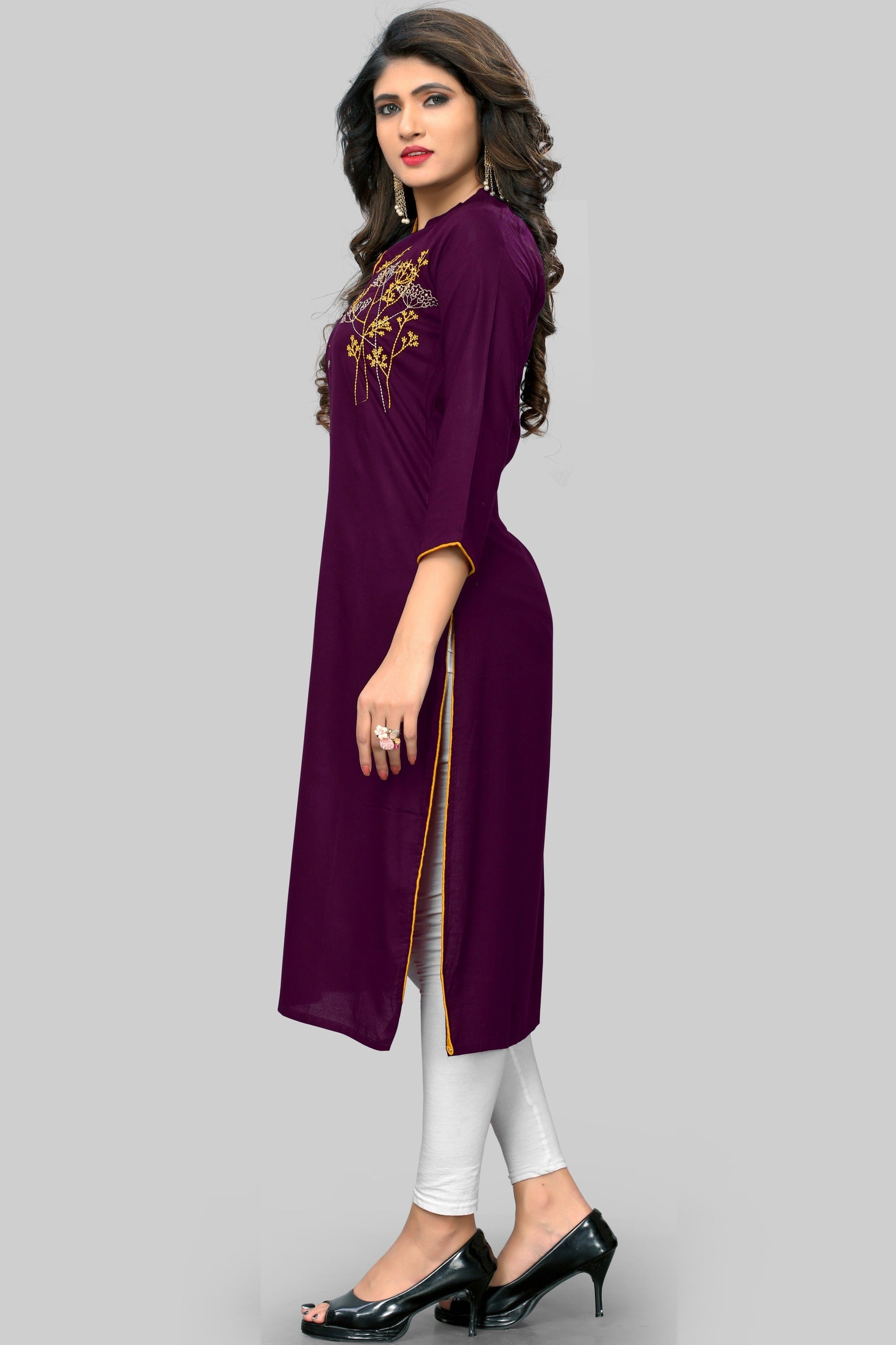 NOZ2TOZ Women's Embroidered Straight Rayon Purple Kurta Only - Swadesiicart