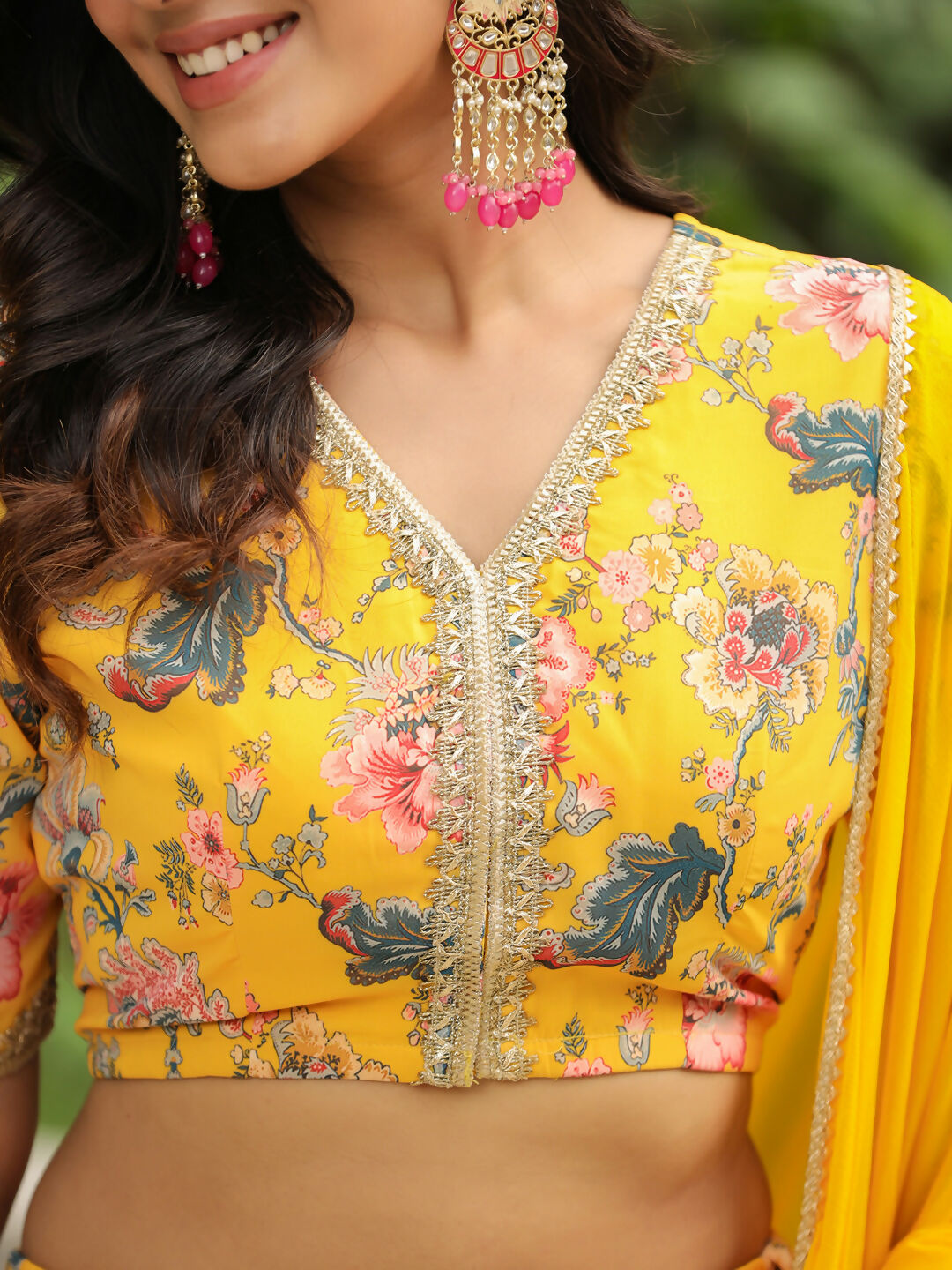 Janasya Yellow Georgette Floral Lehenga Choli Dupatta | Swadesiicart