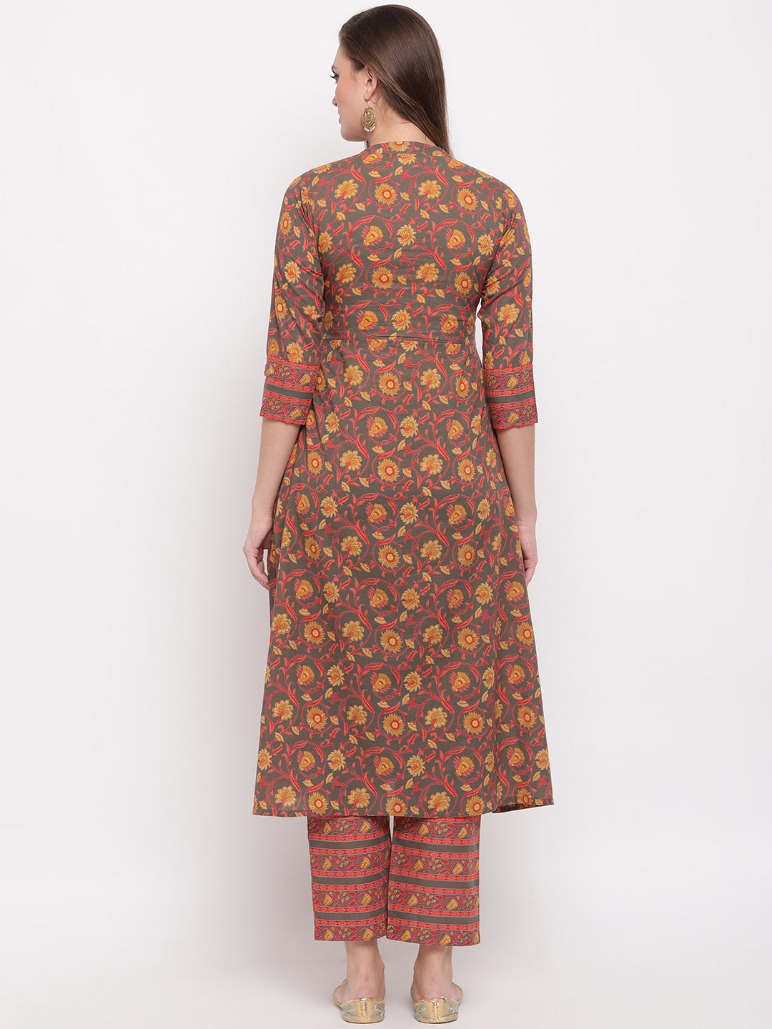 NOZ2TOZ Women's Floral Print & Hand Work Flared With Side Cut Cotton Grey Kurti - Noz2Toz
