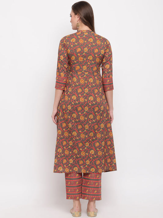 NOZ2TOZ Women's Floral Print & Hand Work Flared With Side Cut Cotton Grey Kurti - Noz2Toz