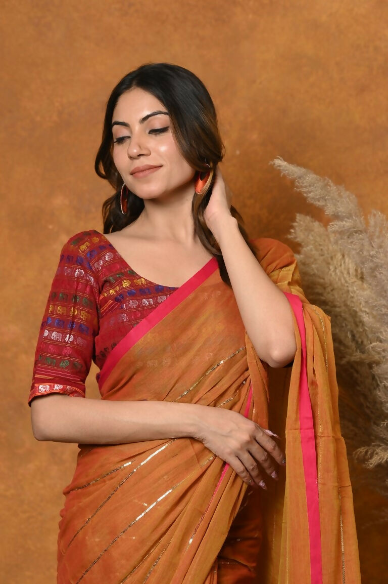 Very Much Indian Designer Mul Cotton Handloom Saree with Sequins - Orange | Swadesiicart