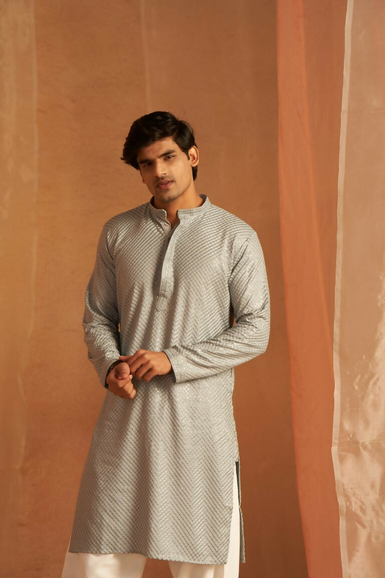 Grey viscose Chikankari Embroidery Work Men's Traditional Kurta Set - Mahotsav | Swadesiicart