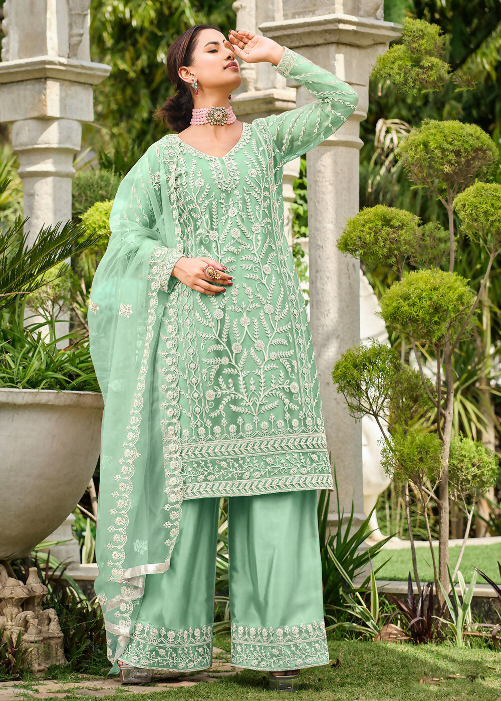 Mint Green Stone & Cording Work Festive Palazzo Suit - Emponline | Swadesiicart