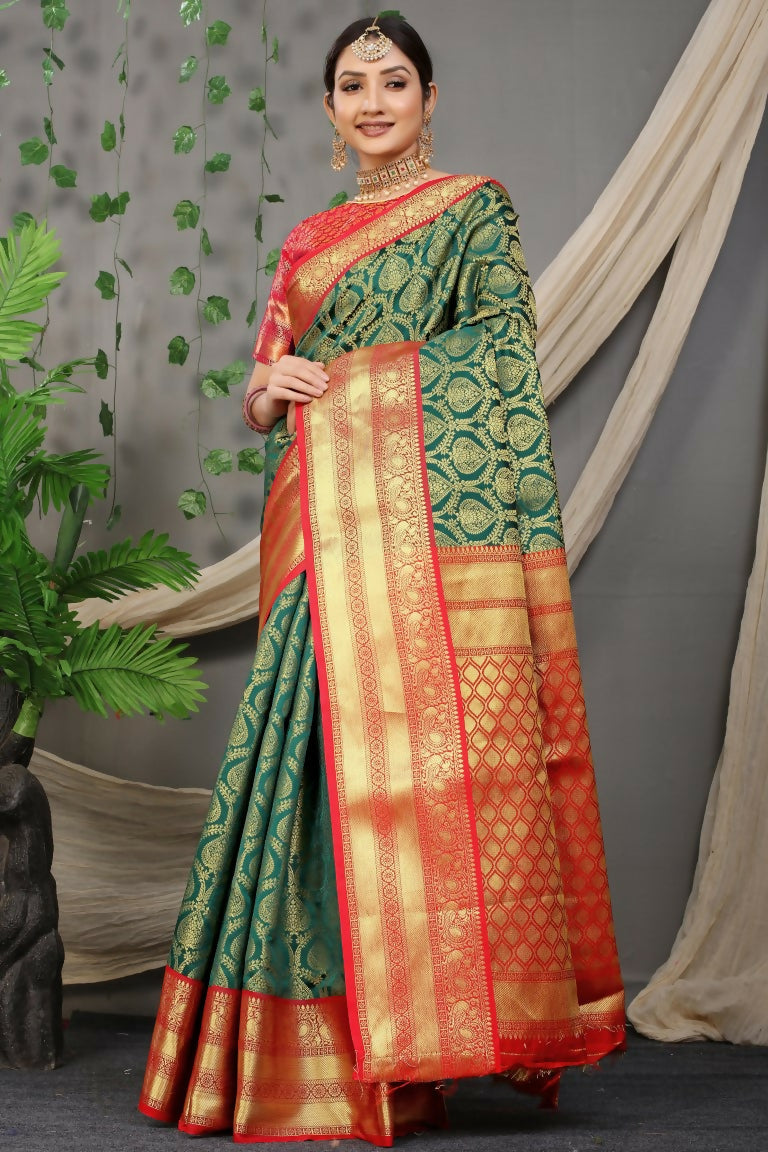 Jyoti Fashion Women's Green Kanjivaram Silk Zari Woven Saree with Blouse | Swadesiicart