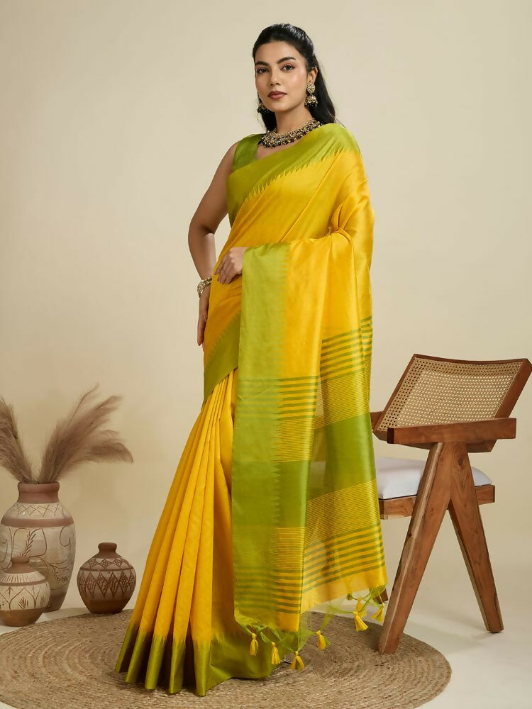 Vishnu Weaves Women's Yellow Raw Silk Thread Woven Saree with Blouse - Swadesiicart