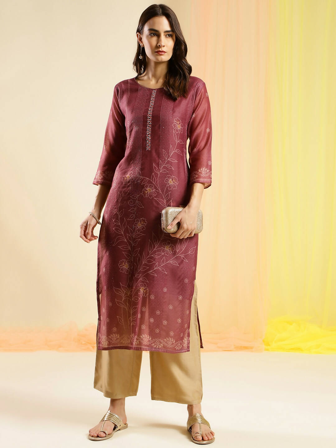 Maroon Chinon Digital Printed With Hand Work Kurta - Himanshi - Swadesiicart