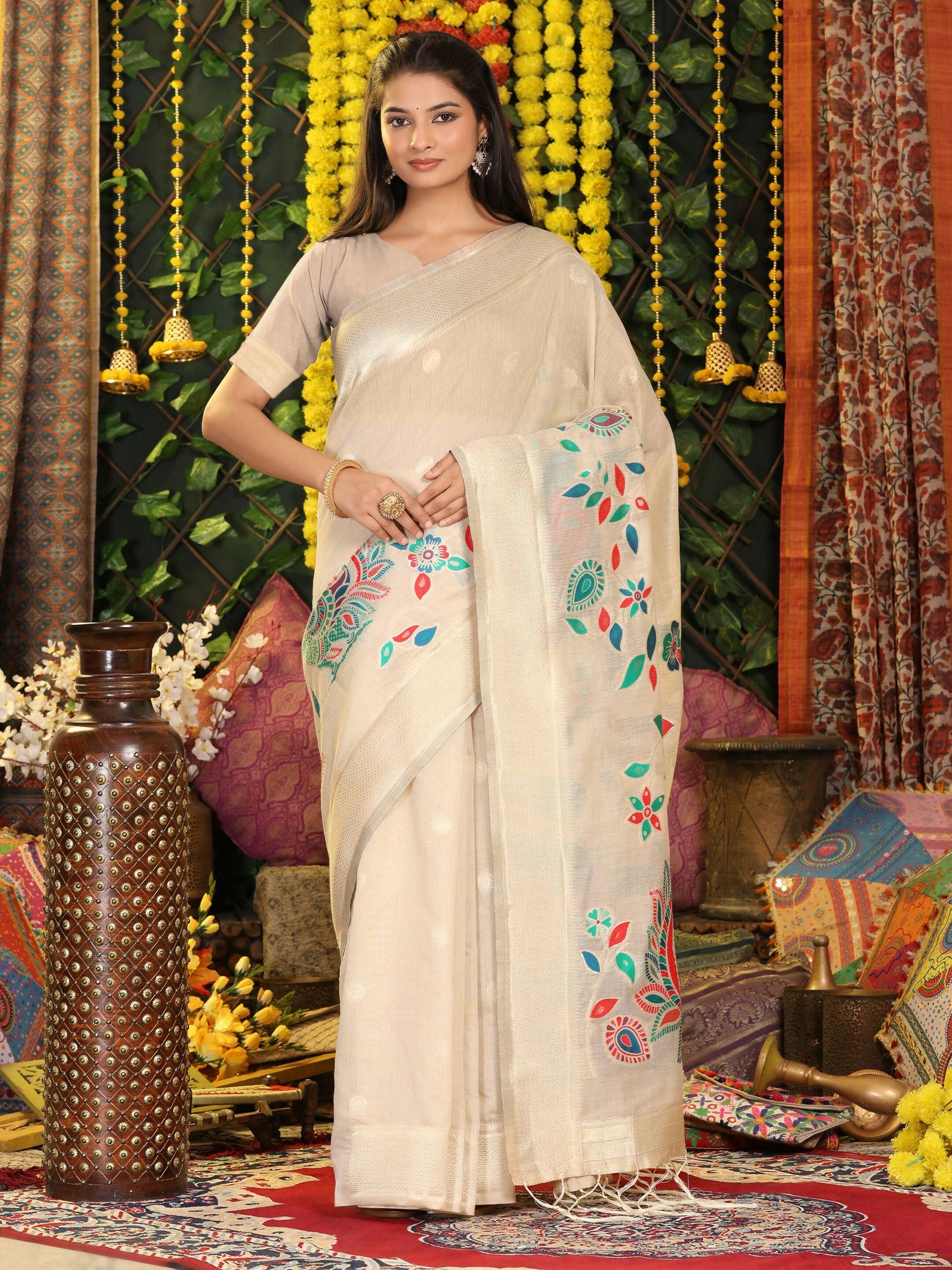 Shree Shyam Fashion Linen Cotton Cream Saree