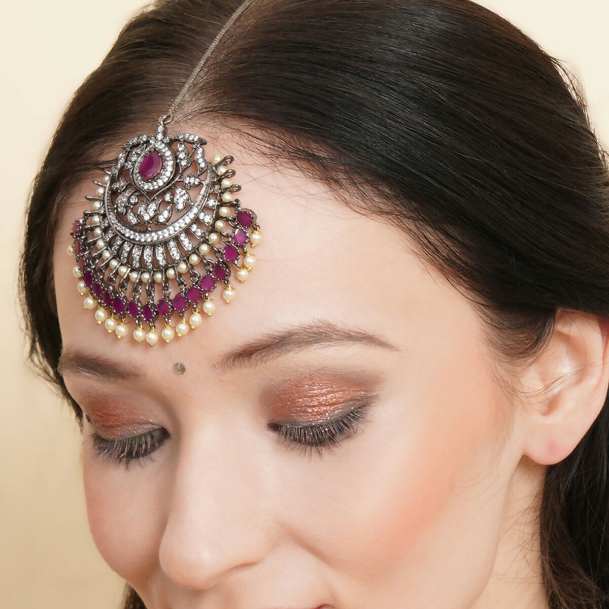 Oversized Diamond & Maroon Stone Maang Tikka- Ruby Raang | Swadesiicart