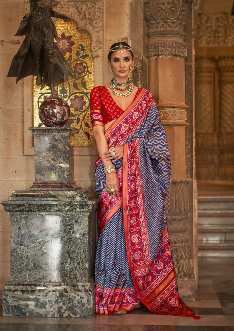 Navy Blue Banarasi Weaving, Ultra Aqua Finish, Zari Work Banarasi Silk Saree - Rath Kunti - Swadesiicart