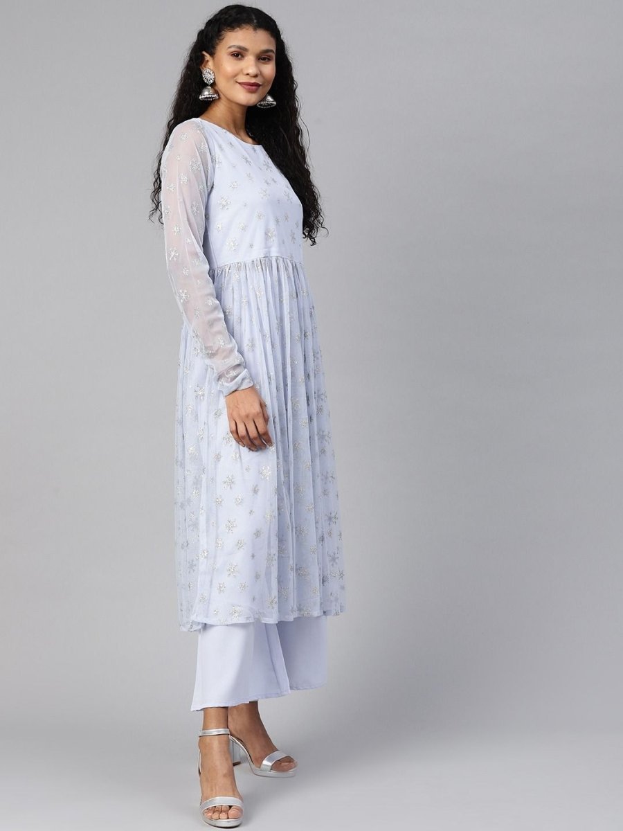 Ahalyaa Women's Blue Net Silver Glitter Printed Kurta Palazzo Set | Swadesiicart