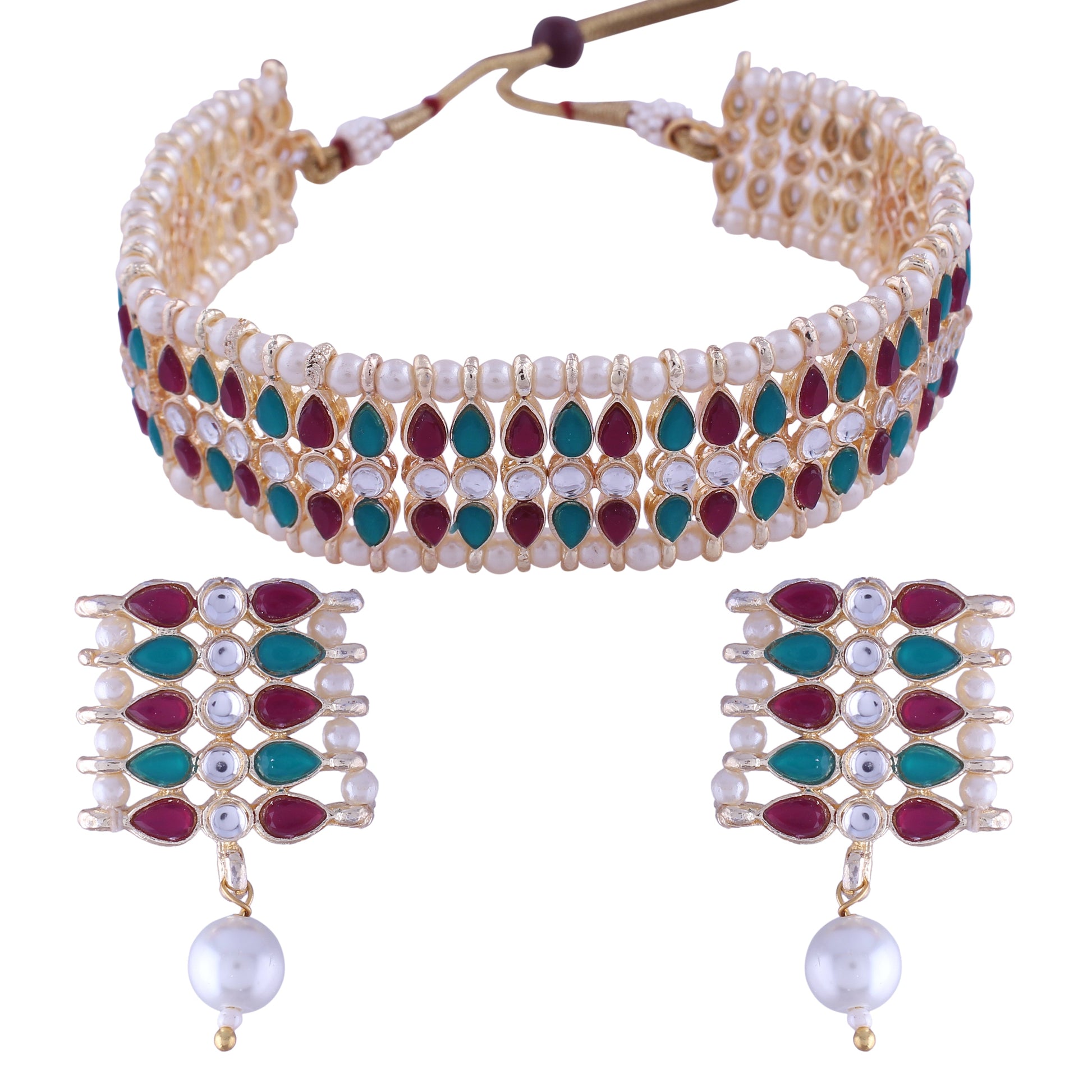 Gold-Polished Traditional Peach Pearl & Kundan Studded Choker Necklace Jewellery Set For Women/Girls - Wahe Jewels - Swadesiicart