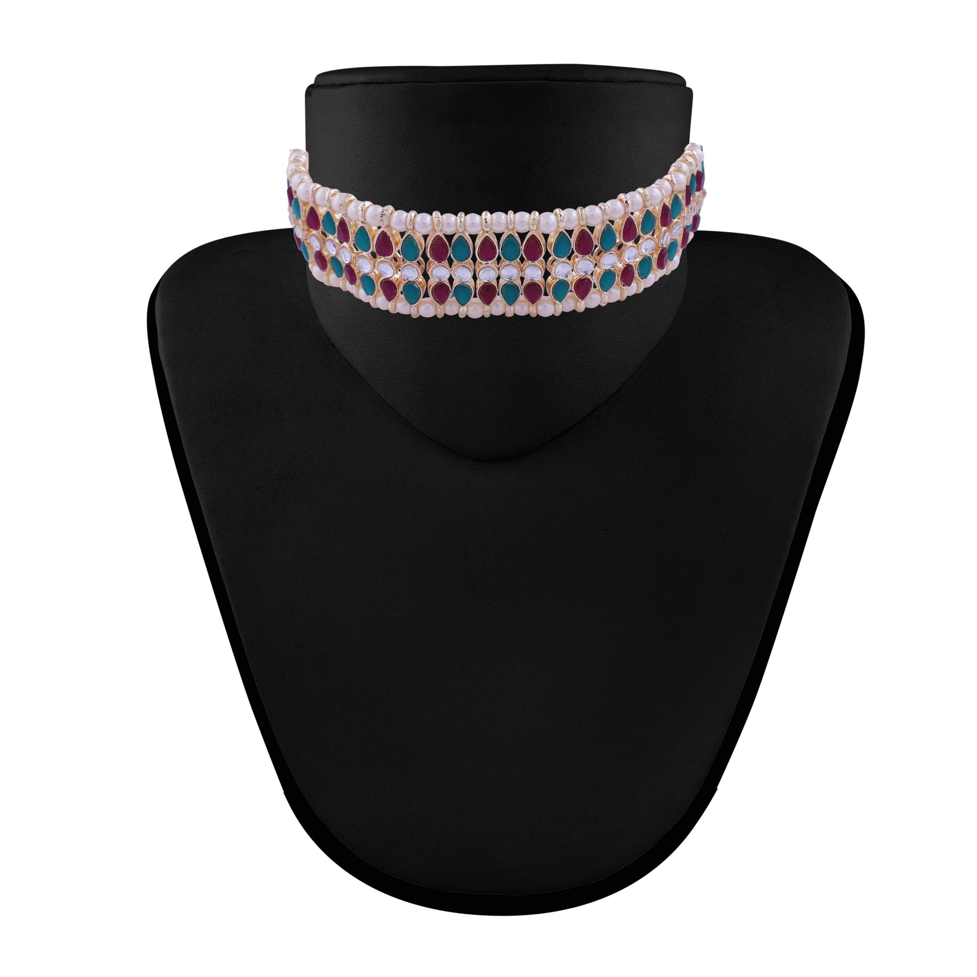 Gold-Polished Traditional Peach Pearl & Kundan Studded Choker Necklace Jewellery Set For Women/Girls - Wahe Jewels - Swadesiicart