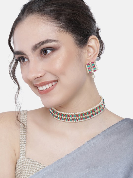 Gold-Polished Traditional Peach Pearl & Kundan Studded Choker Necklace Jewellery Set For Women/Girls - Wahe Jewels - Swadesiicart