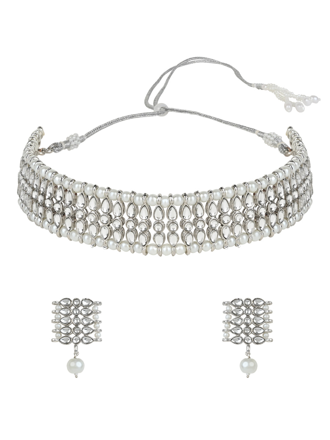 Gold-Polished Silver Plated Traditional Silver Pearl & Kundan Studded Choker Necklace Jewellery Set For Women/Girls - Wahe Jewels - Swadesiicart