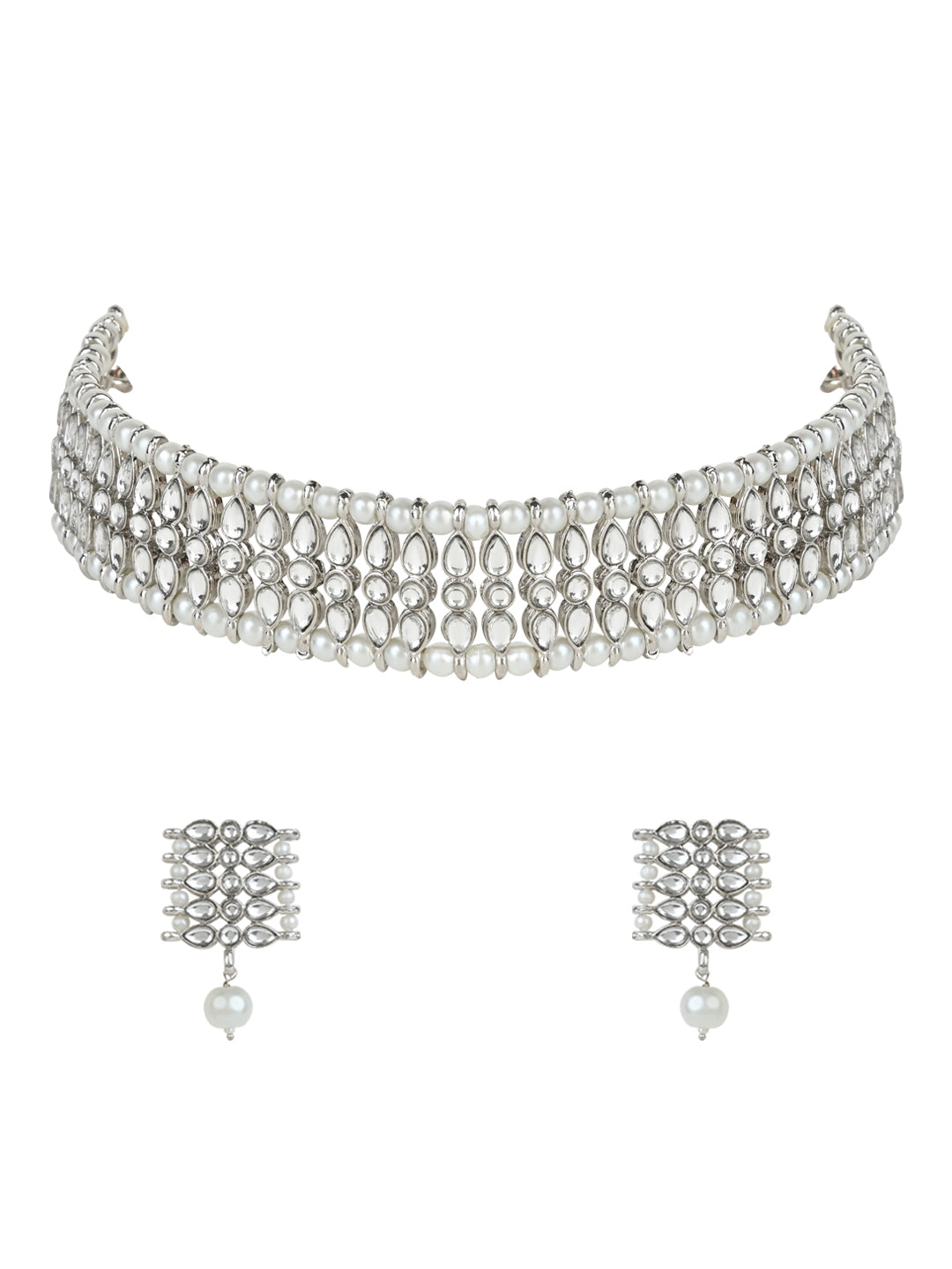Gold-Polished Silver Plated Traditional Silver Pearl & Kundan Studded Choker Necklace Jewellery Set For Women/Girls - Wahe Jewels - Swadesiicart