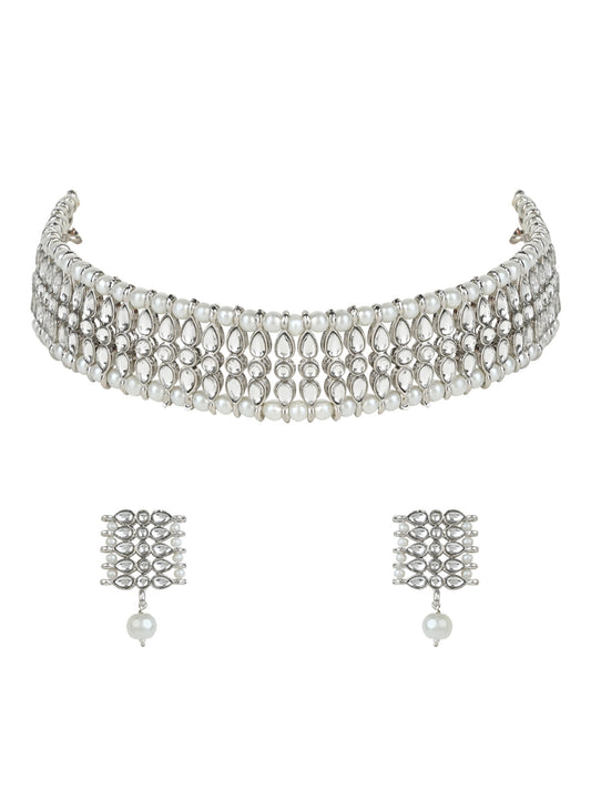 Gold-Polished Silver Plated Traditional Silver Pearl & Kundan Studded Choker Necklace Jewellery Set For Women/Girls - Wahe Jewels - Swadesiicart
