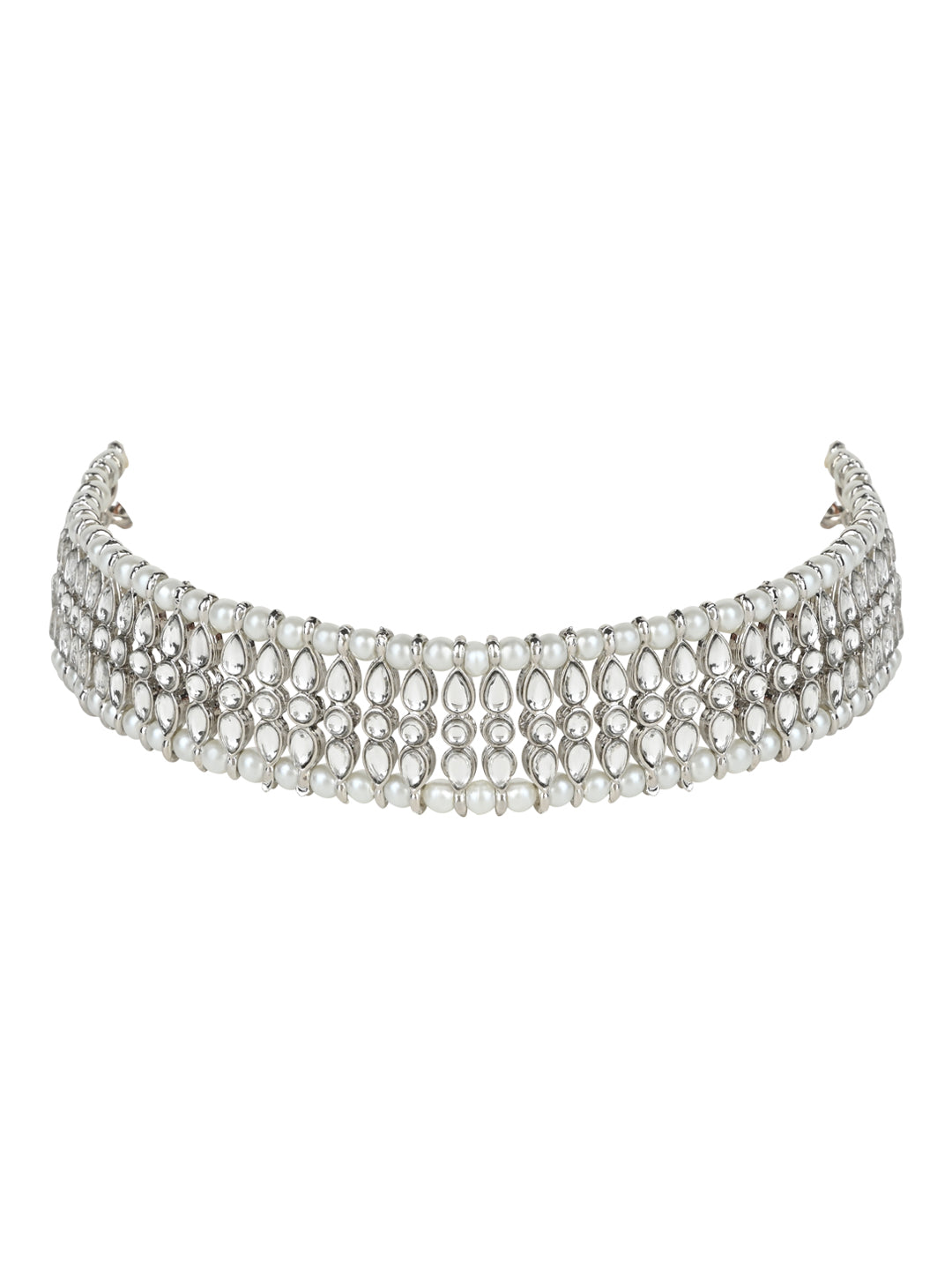 Gold-Polished Silver Plated Traditional Silver Pearl & Kundan Studded Choker Necklace Jewellery Set For Women/Girls - Wahe Jewels - Swadesiicart