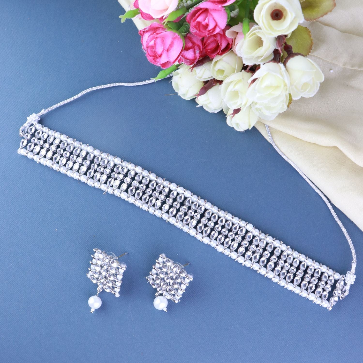 Gold-Polished Silver Plated Traditional Silver Pearl & Kundan Studded Choker Necklace Jewellery Set For Women/Girls - Wahe Jewels - Swadesiicart