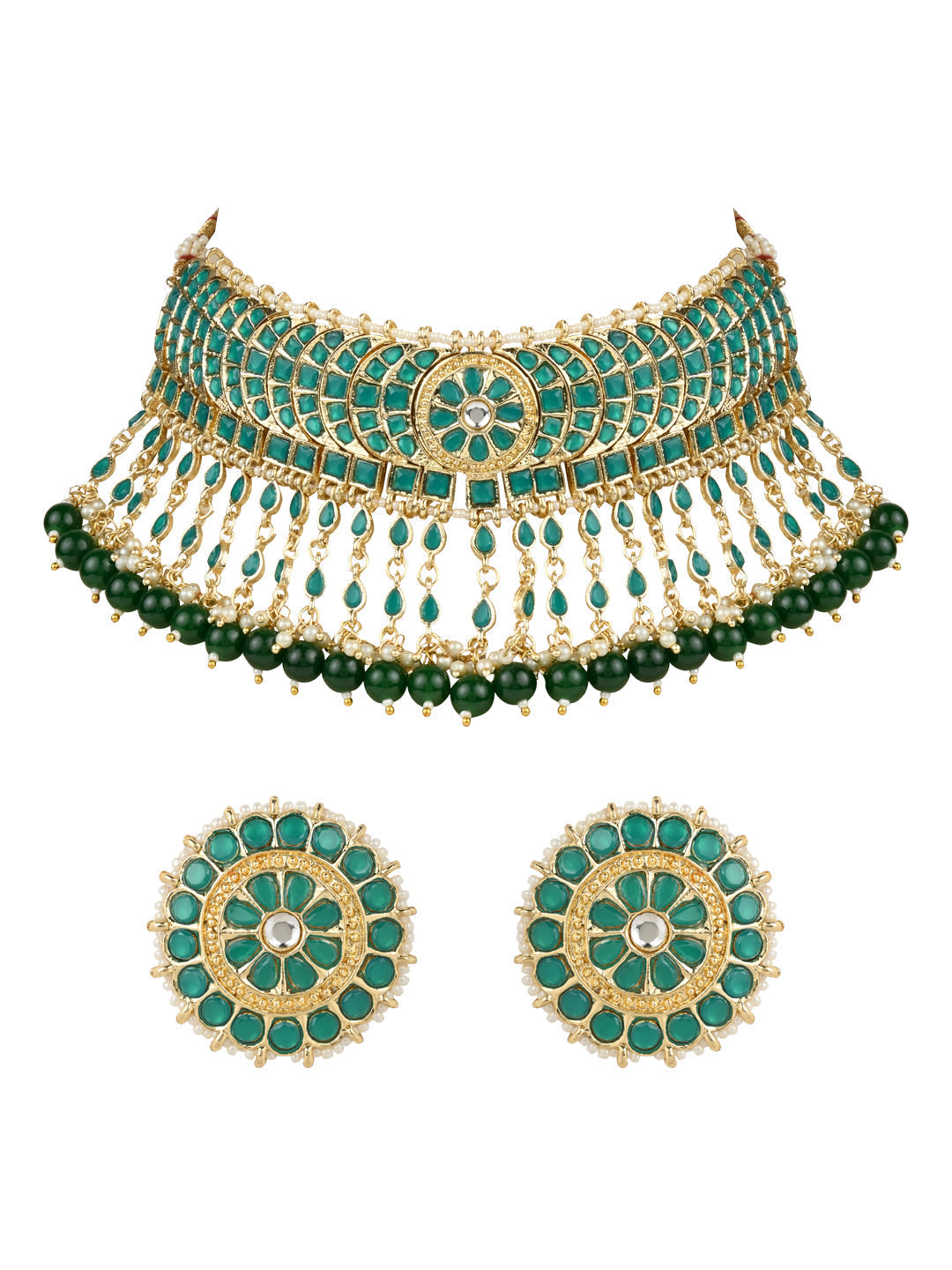 Gold-Polished Traditional Kundan & Pearl Studded Choker Necklace Set For Women/Girls - Wahe Jewels - Swadesiicart