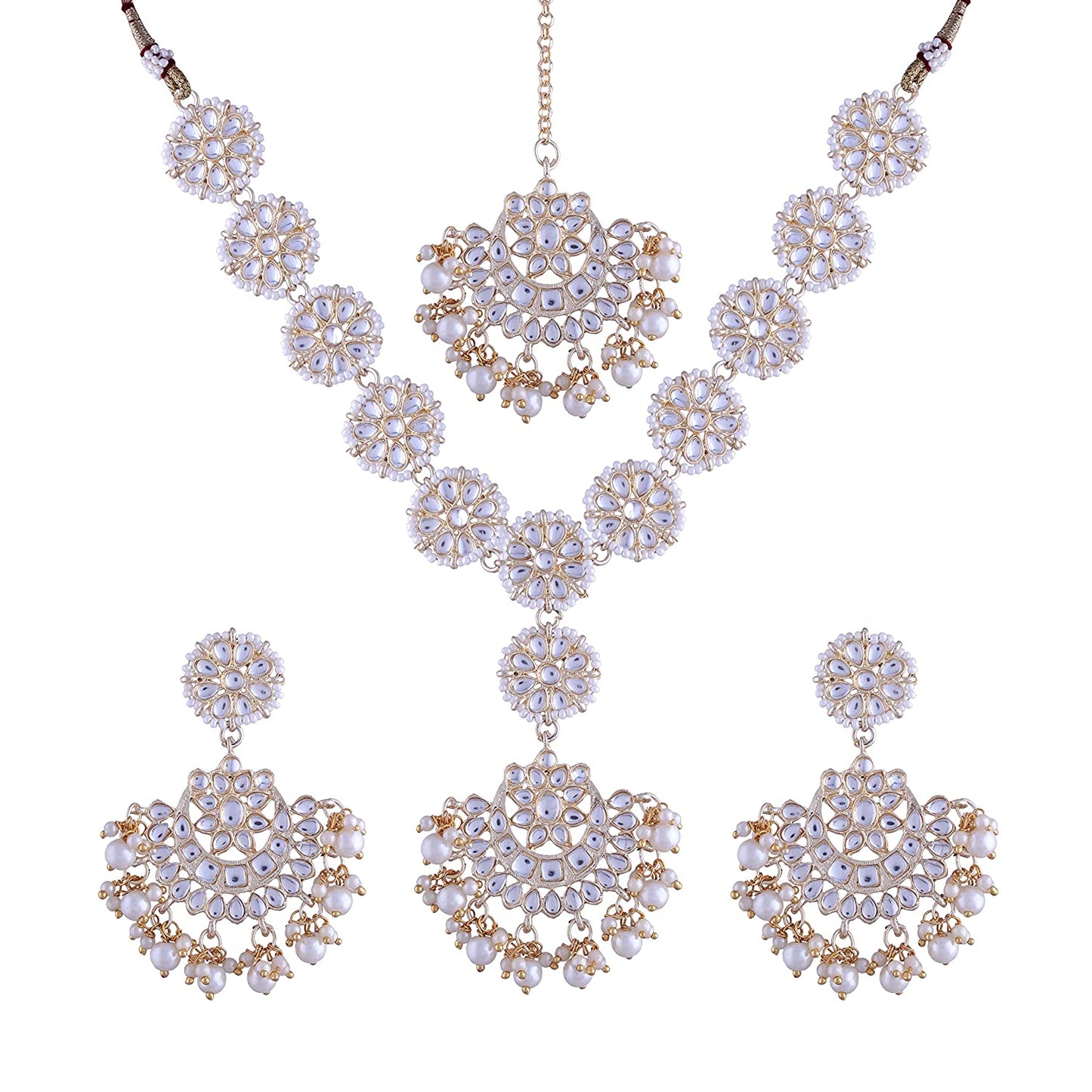 Gold-Polished Traditional Pearl Kundan Studded Jewellery Necklace Set with Maang Tikka for Women - Wahe Jewels - Swadesiicart