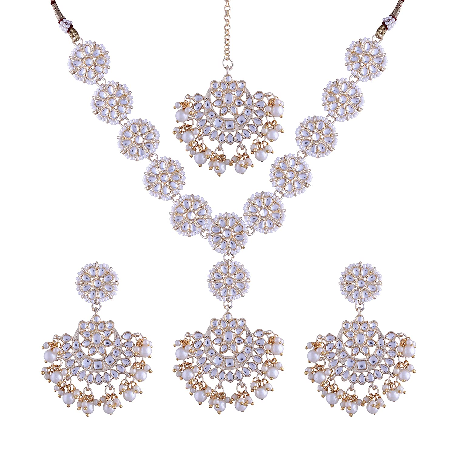 Gold-Polished Traditional Pearl Kundan Studded Jewellery Necklace Set with Maang Tikka for Women - Wahe Jewels - Swadesiicart