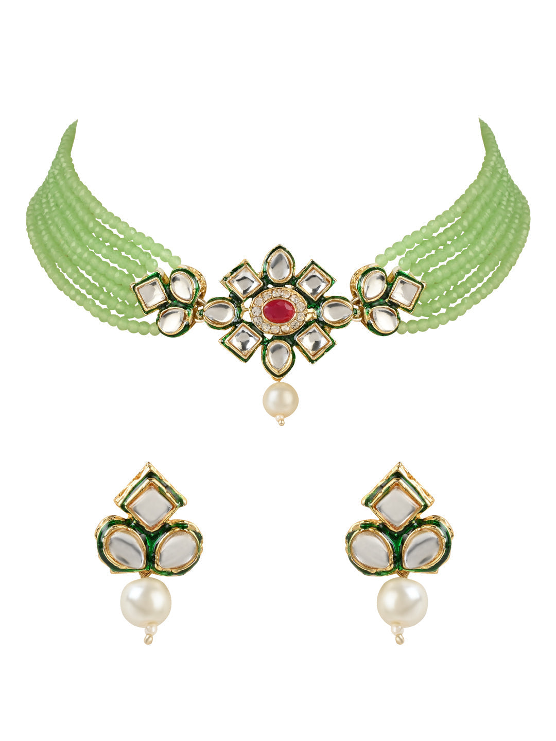 Gold-Polished Traditional Choker Set Glided With Kundan & Beads For Women/Girls - Wahe Jewels - Swadesiicart