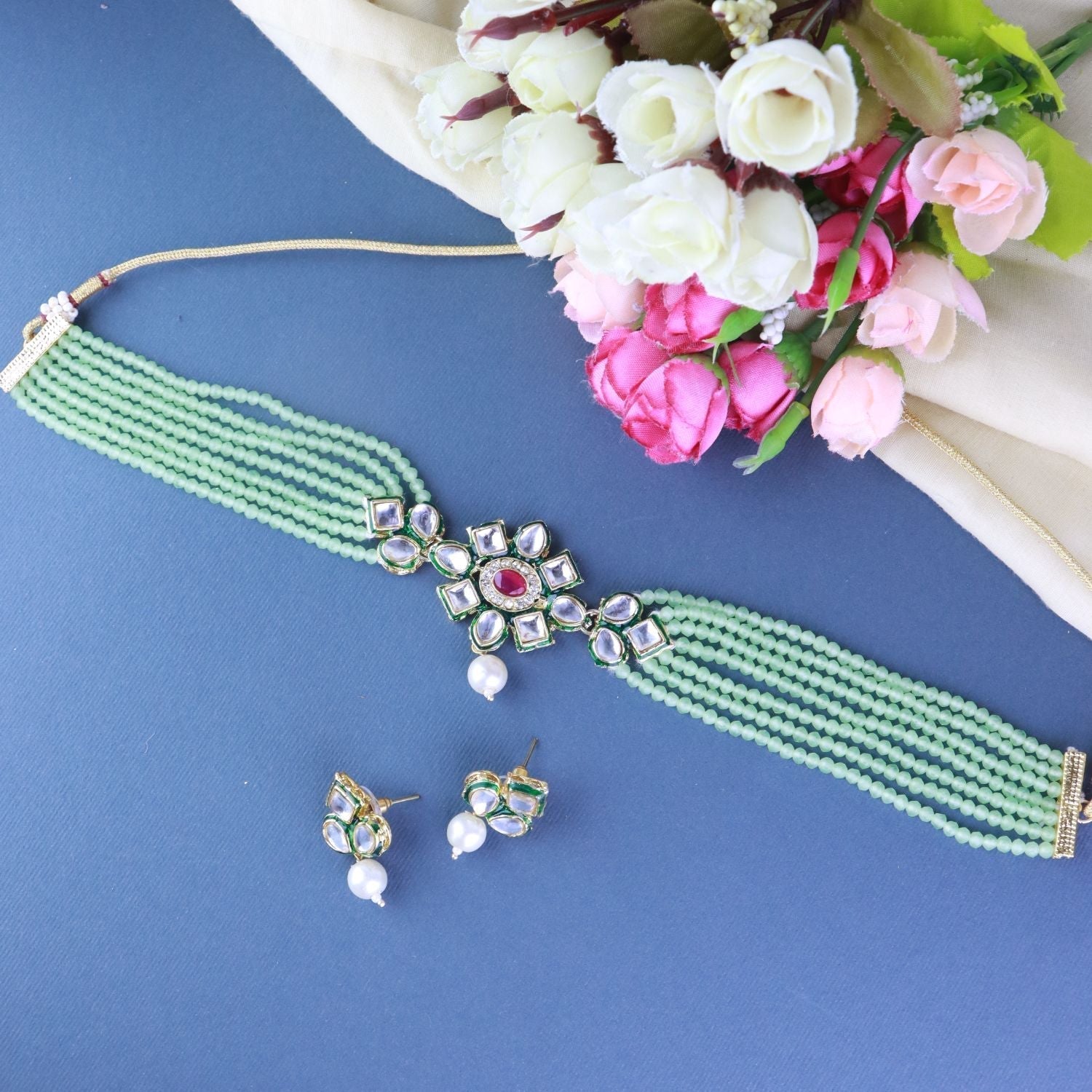 Gold-Polished Traditional Choker Set Glided With Kundan & Beads For Women/Girls - Wahe Jewels - Swadesiicart