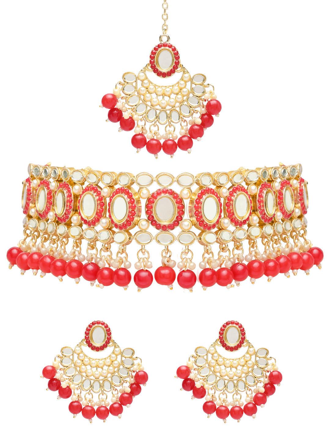Gold-Polished Traditional Handcrafted Mirror And Pearl Work Choker Necklace Jewellery With Chandbali Earrings & Maang Tikka Set For Women & Girls - Wahe Jewels - Swadesiicart