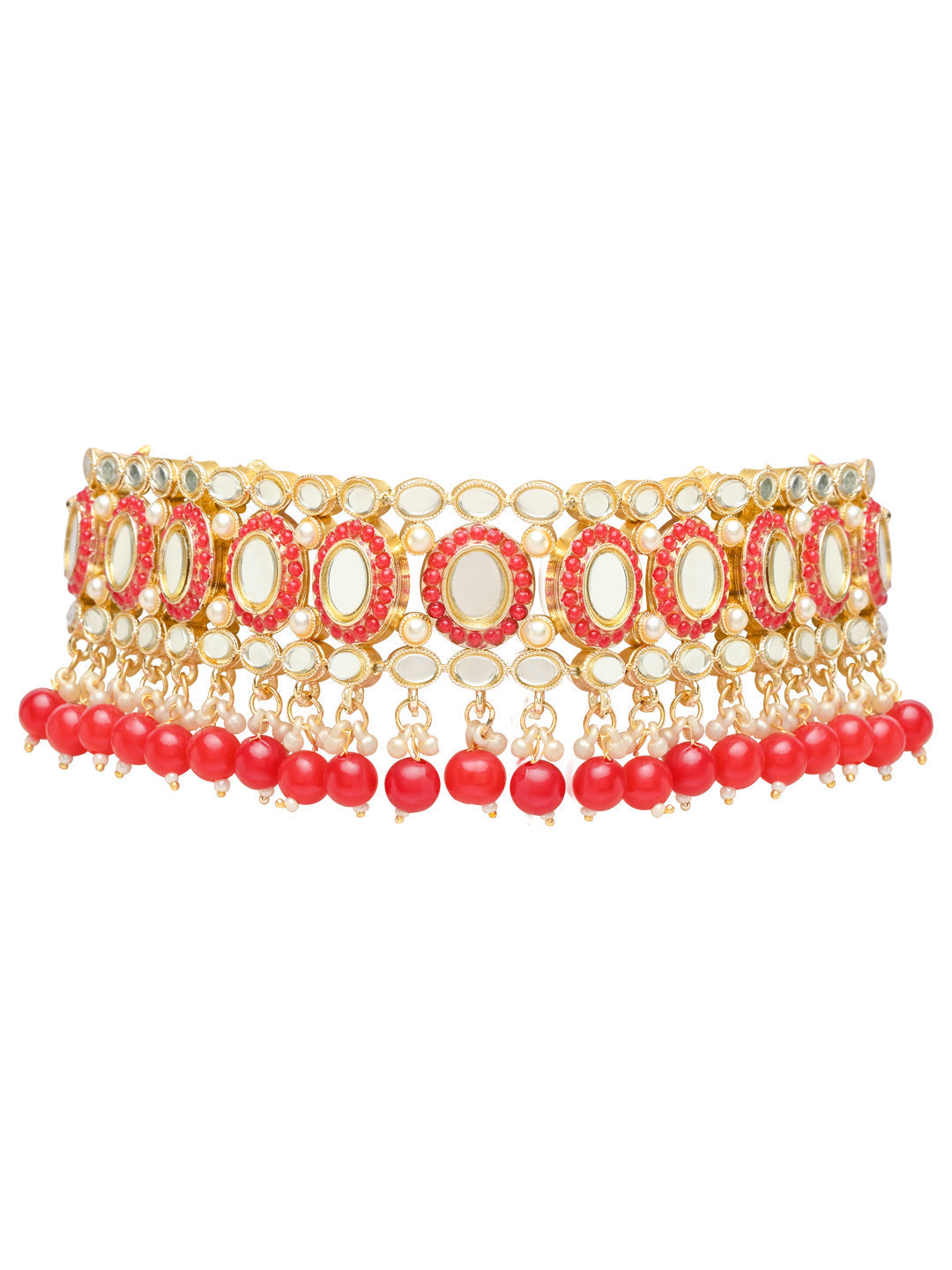 Gold-Polished Traditional Handcrafted Mirror And Pearl Work Choker Necklace Jewellery With Chandbali Earrings & Maang Tikka Set For Women & Girls - Wahe Jewels - Swadesiicart