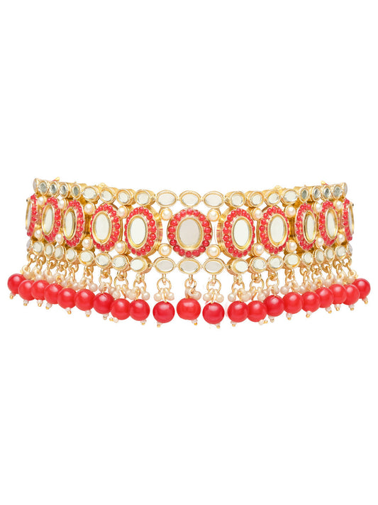 Gold-Polished Traditional Handcrafted Mirror And Pearl Work Choker Necklace Jewellery With Chandbali Earrings & Maang Tikka Set For Women & Girls - Wahe Jewels - Swadesiicart