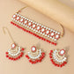 Gold-Polished Traditional Handcrafted Mirror And Pearl Work Choker Necklace Jewellery With Chandbali Earrings & Maang Tikka Set For Women & Girls - Wahe Jewels - Swadesiicart