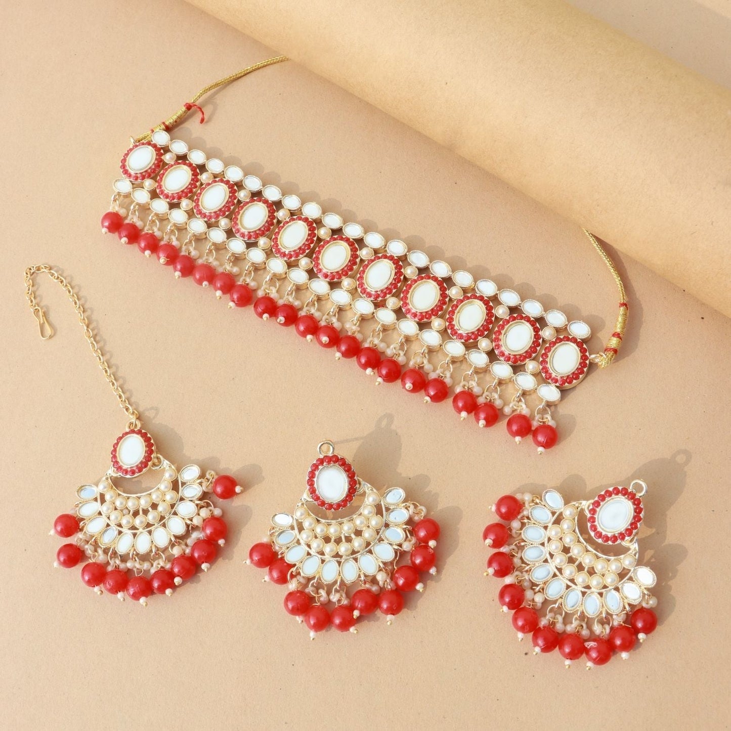Gold-Polished Traditional Handcrafted Mirror And Pearl Work Choker Necklace Jewellery With Chandbali Earrings & Maang Tikka Set For Women & Girls - Wahe Jewels - Swadesiicart