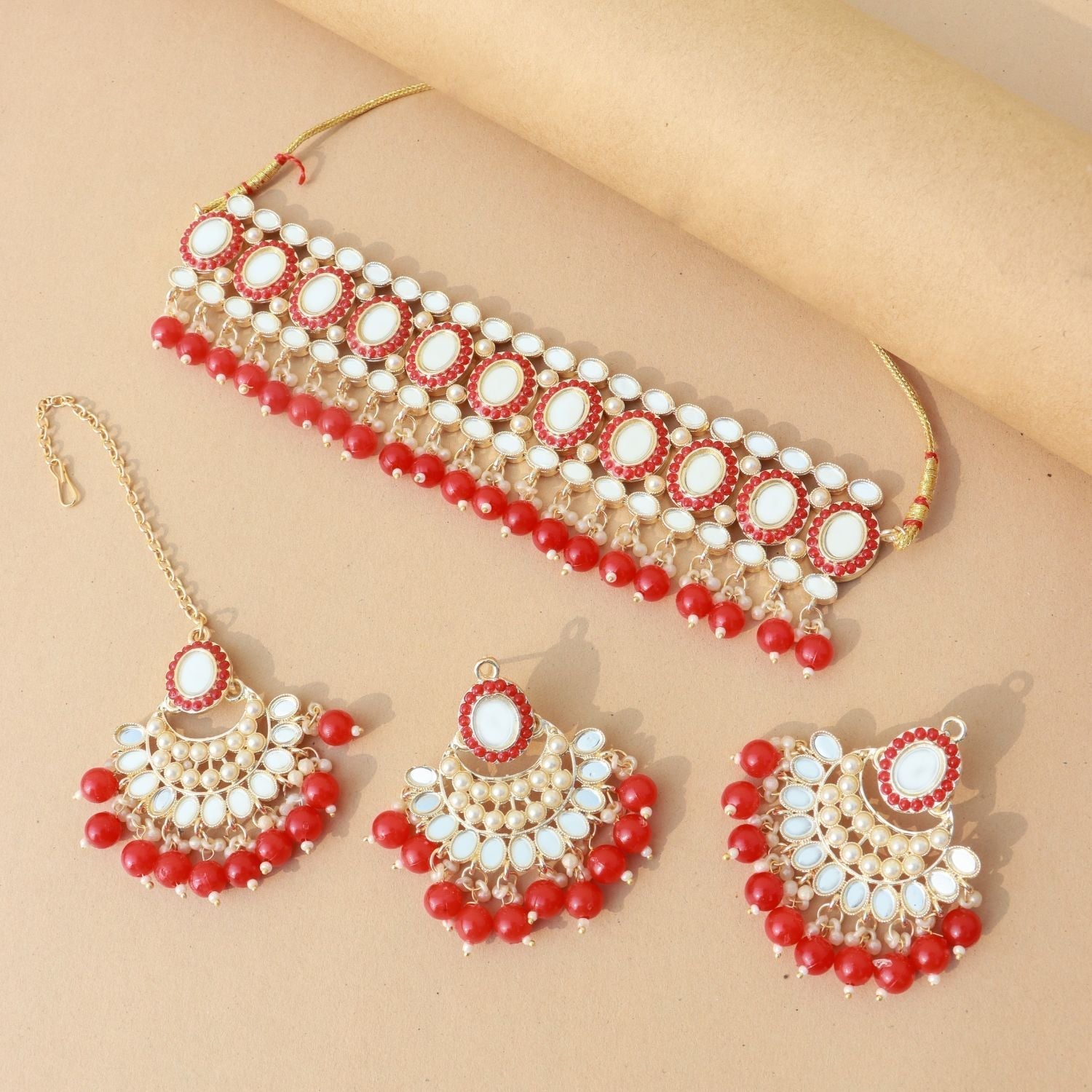 Gold-Polished Traditional Handcrafted Mirror And Pearl Work Choker Necklace Jewellery With Chandbali Earrings & Maang Tikka Set For Women & Girls - Wahe Jewels - Swadesiicart