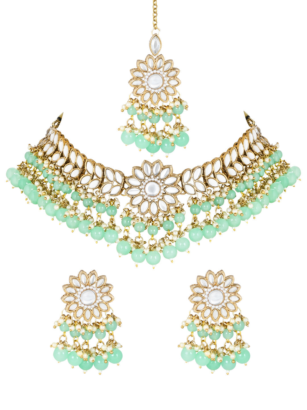 Gold-Polished Traditional Kundan Studded Mint Pearl Hanging Choker Necklace Jewellery Set With Earrings & Maang Tikka For Women & Girls - Wahe Jewels - Swadesiicart