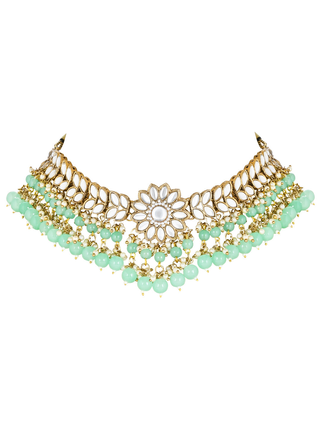 Gold-Polished Traditional Kundan Studded Mint Pearl Hanging Choker Necklace Jewellery Set With Earrings & Maang Tikka For Women & Girls - Wahe Jewels - Swadesiicart