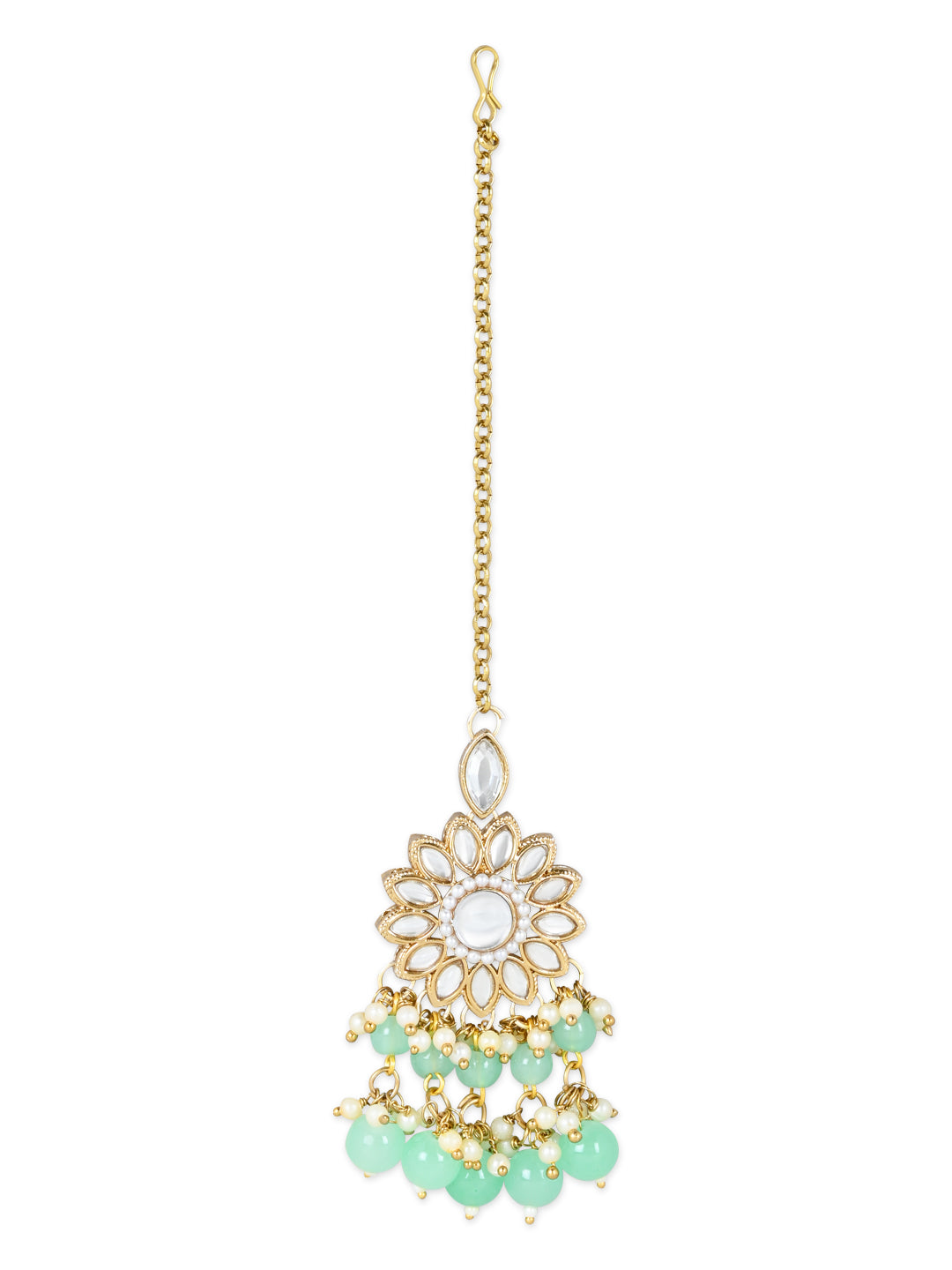 Gold-Polished Traditional Kundan Studded Mint Pearl Hanging Choker Necklace Jewellery Set With Earrings & Maang Tikka For Women & Girls - Wahe Jewels - Swadesiicart