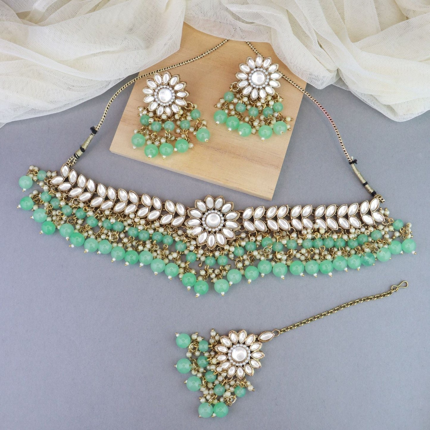 Gold-Polished Traditional Kundan Studded Mint Pearl Hanging Choker Necklace Jewellery Set With Earrings & Maang Tikka For Women & Girls - Wahe Jewels - Swadesiicart